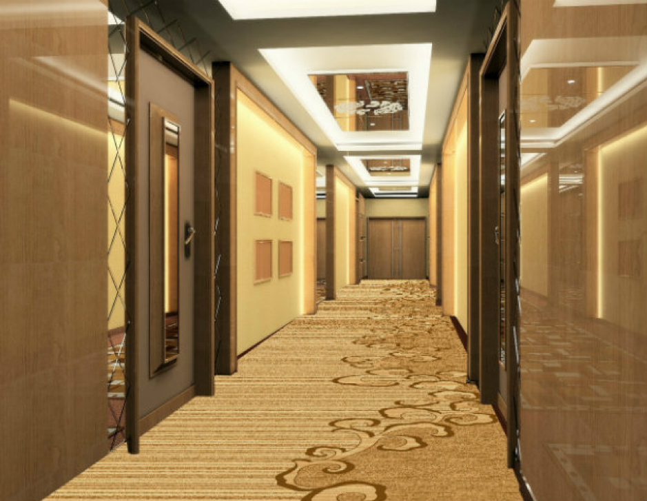 Thảm trải sàn hành lang màu vàng hoạ tiết uốn cong